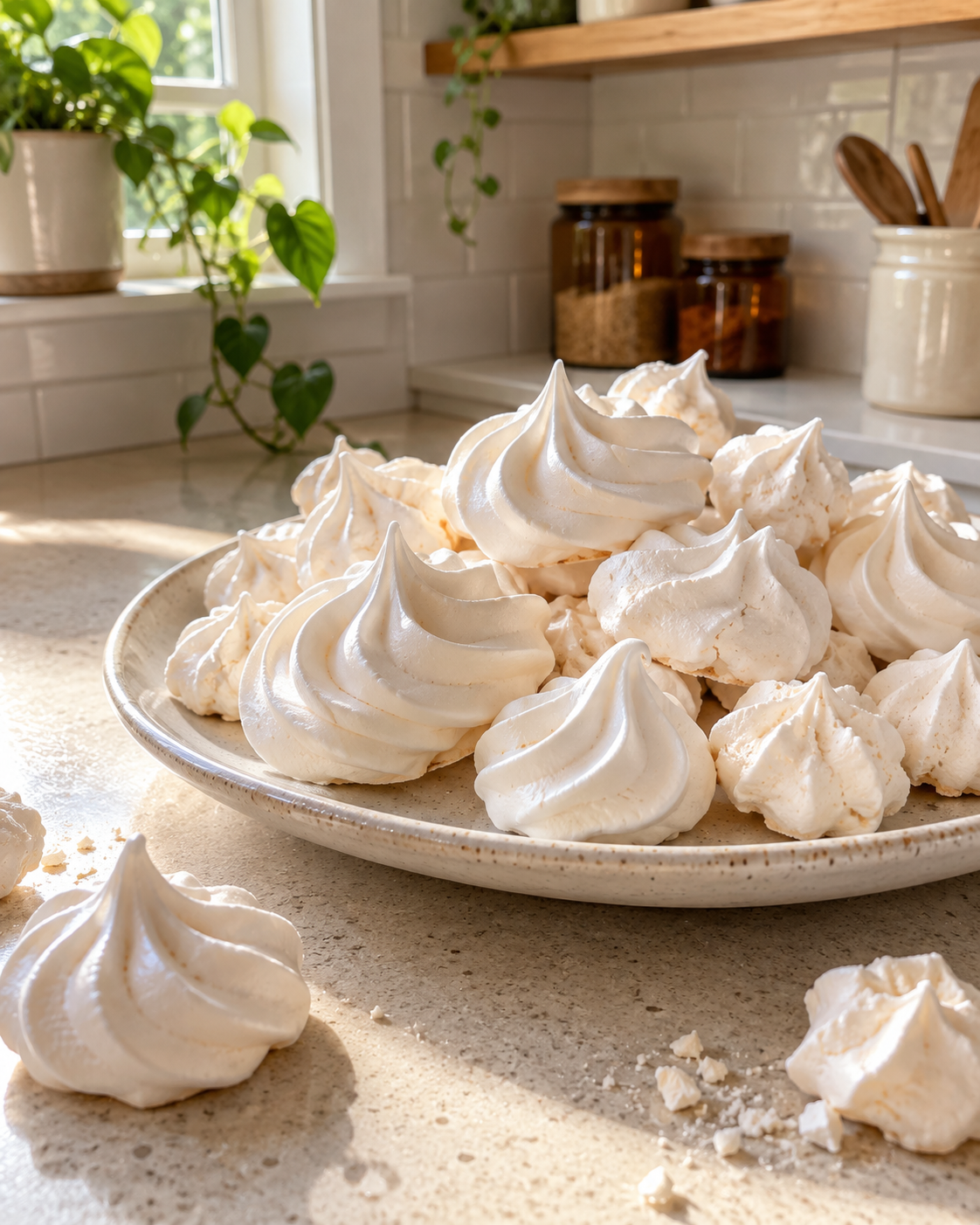Homemade white meringue cookies made with sugar and egg whites, arranged on a ceramic plate in a bright kitchen with natural sunlight.