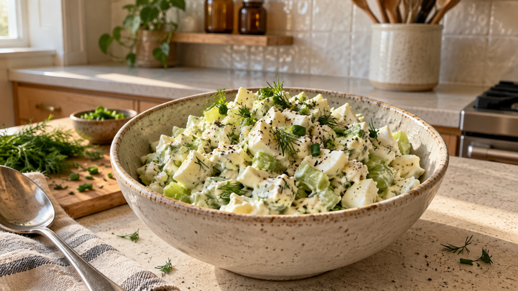 Creamy egg white salad with Greek yogurt, celery, and fresh herbs in a ceramic bowl.