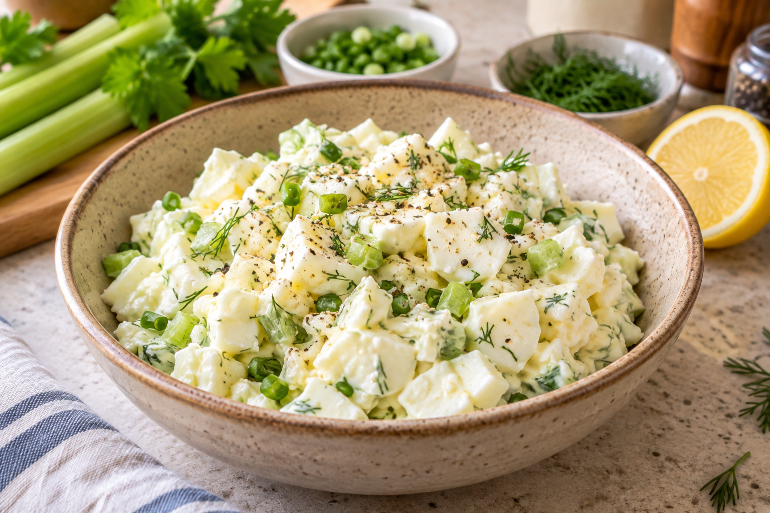 Creamy egg white salad with Greek yogurt, celery, green onions, and fresh dill in a ceramic bowl.