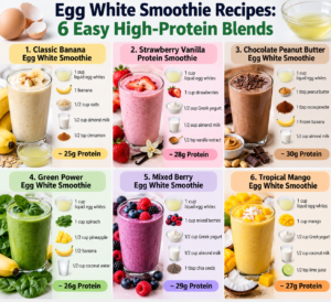 Six easy high-protein egg white smoothie recipes with banana, strawberry, chocolate, green, berry, and mango flavors.