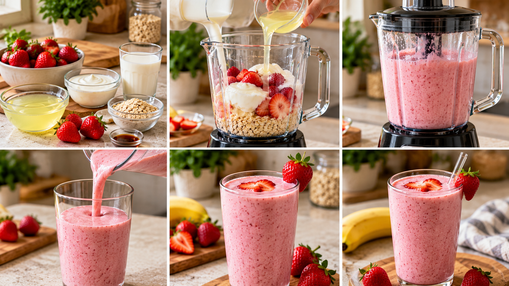 Step-by-step strawberry egg white smoothie recipe with strawberries, pasteurized egg whites, yogurt, and oats.