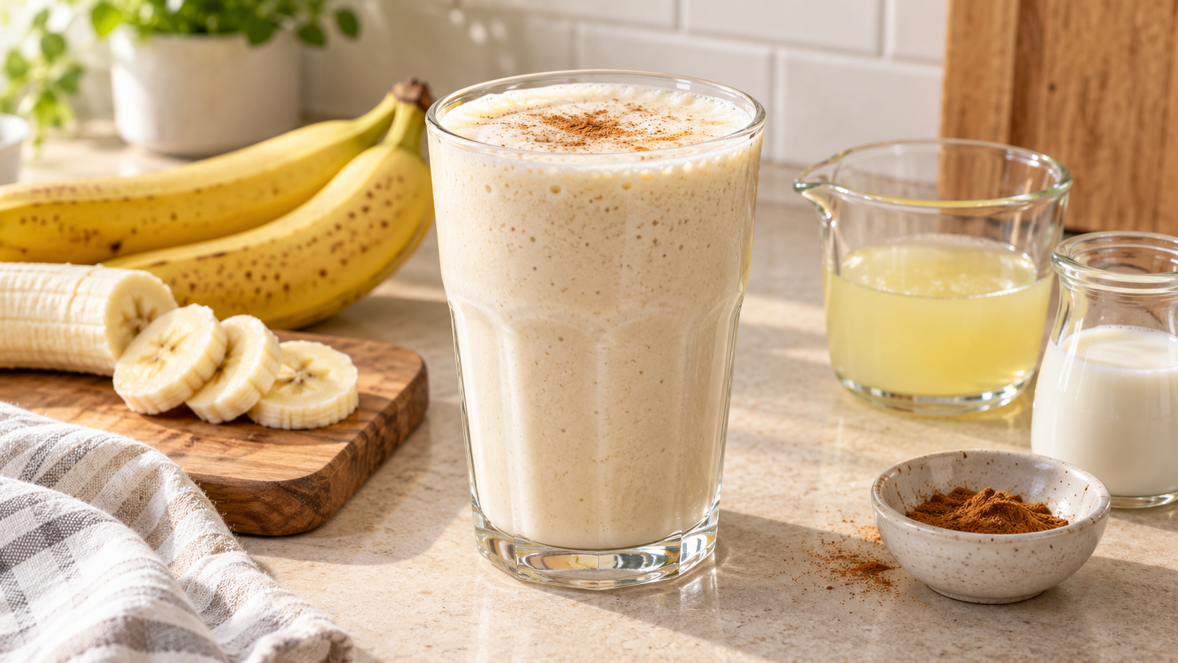 Creamy banana egg white smoothie with milk and cinnamon